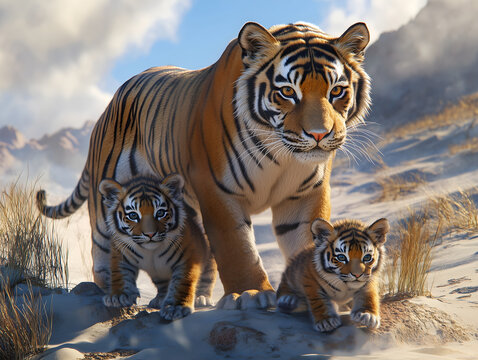 Tigeress with her two cubs in the desert