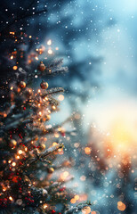 magical abstract blurred blue christmas holidays background with xmas tree, lights & baubbles; bokeh effect; widescreen backdrop; sun rising over horizon colors;