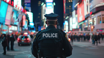 Fototapeta premium Police officer standing in Time Square street at night with bright neon signs in background. Concepts of law enforcement, urban environment, and public safety.