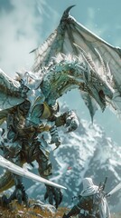 A dragon clad in armor readies for battle amidst a snowy terrain, exuding power and readiness for combat