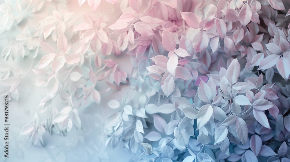 Poster delicate pastel leaves creating a dreamy and ethereal background with soft gradient hues. perfect fo