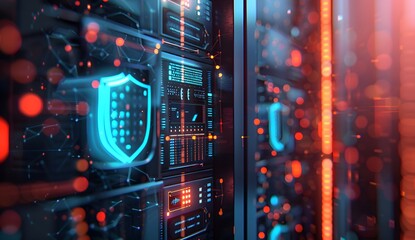 Obraz premium A close up of digital data storage with glowing symbols representing a shield and lock, set against the backdrop of dark server cabinets in an office environment.