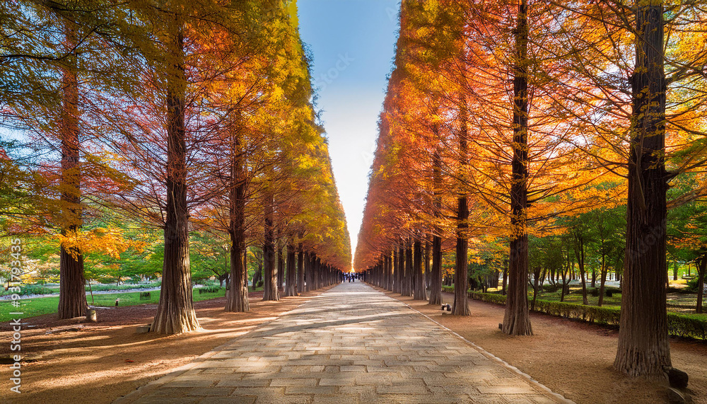 Poster rows of well-ordered metasequoia trees with foliage that transforms with the passing seasons in a ko