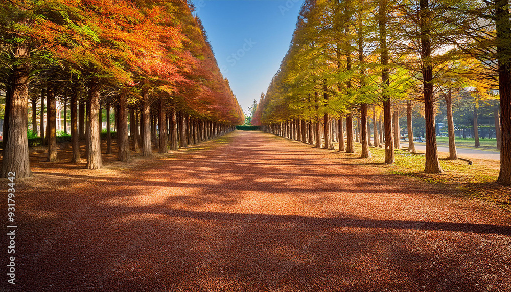 Poster rows of well-ordered metasequoia trees with foliage that transforms with the passing seasons in a ko