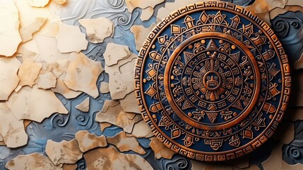 Naklejka premium Intricate Aztec calendar stone with detailed carvings on a textured background. Symbolizes ancient culture, history, and art appreciation.
