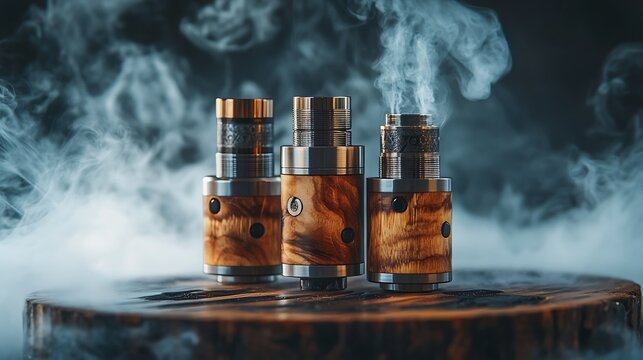 Three wooden vape mods with smoke in the background.