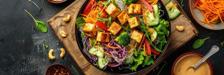 Overhead view of a salad featuring glass noodles, vegetables, tofu, and nut dressing on a wooden cutting board.