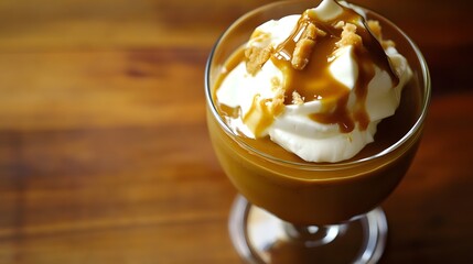 A close-up of a decadent dessert with whipped cream, caramel, and crumble topping.