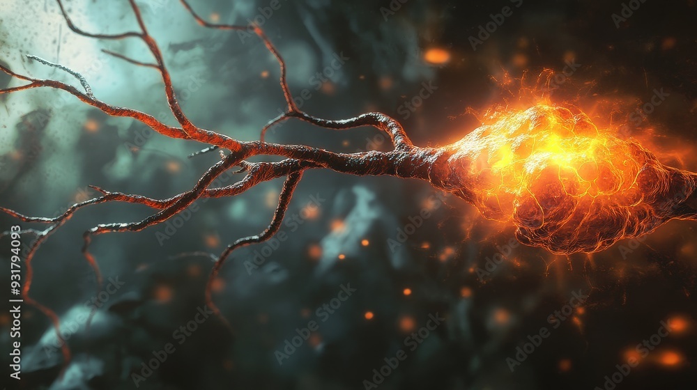 Aufkleber a highly detailed neuron is actively sending signals along its axon, surrounded by a captivating bac