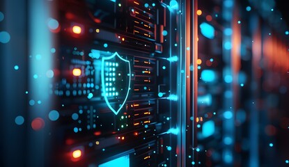 Obraz premium A close up of digital data storage with glowing symbols representing a shield and lock, set against the backdrop of dark server cabinets in an office environment.