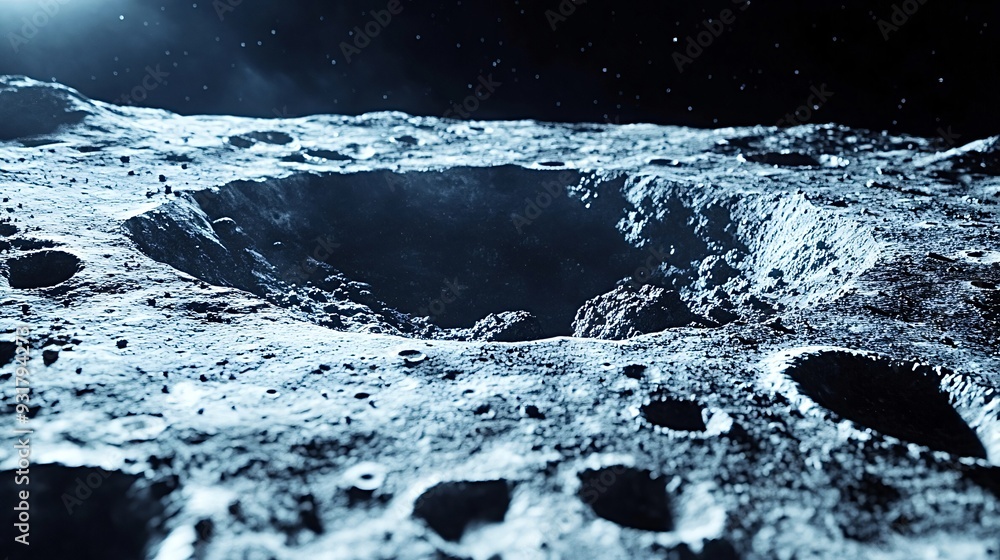Poster the surface of the moon is illuminated by the distant sun with craters of various sizes