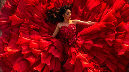 Woman in extravagant red dress lying on a bed of ruffles, creating a striking visual composition. Concepts of luxury, elegance, fashion, and dramatic aesthetics.
