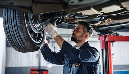 Skilled Mechanic Closely Examining Lifted Automobile_s Suspension and Wheel at Car Repair Service Station for Routine Preventive Maintenance