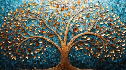 Colorful Mosaic Tree of Life gold mosaic tiles