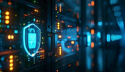 A close up of digital data storage with glowing symbols representing a shield and lock, set against the backdrop of dark server cabinets in an office environment.