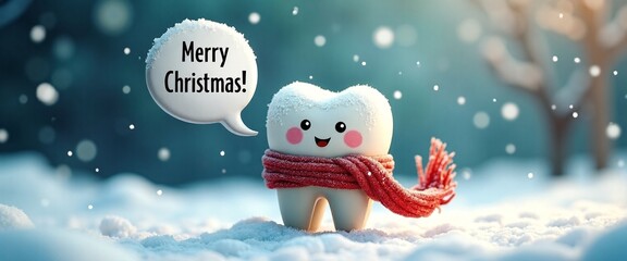 Obraz premium Cute Tooth Character with Cheerful Mood Wishing Merry Christmas Against Snowy Winter Background with Copy Space