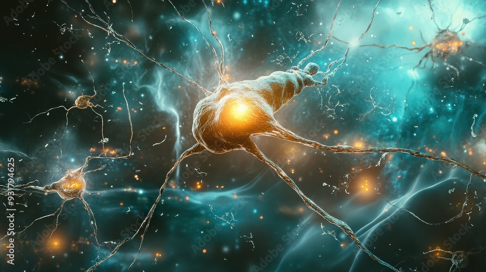 Aufkleber a neuron actively sends signals along its axon, surrounded by a network of interconnected cells illu