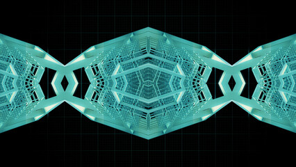 3D geometric shape formations over a retro grid style background.