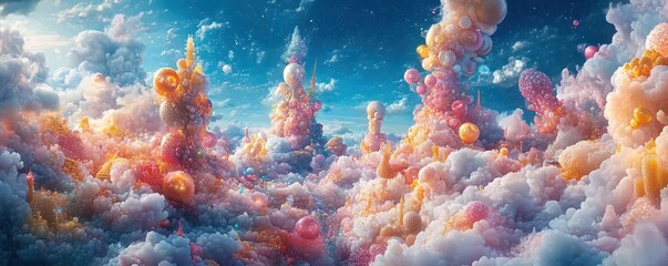Fototapeta premium Vibrant and dreamy clouds fill the sky, creating a colorful and surreal landscape ideal for fantasy or nature themes.