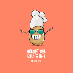 International chef day vector greeting card. vector funny cartoon tiny brown smiling chef potato with hat isolated on peach color background. Potato character