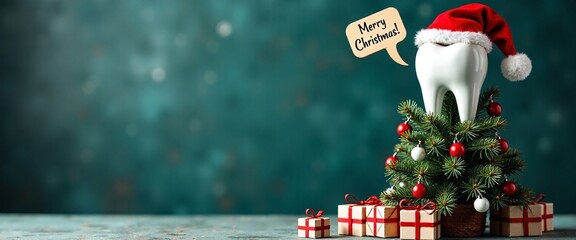 Festive tooth with Santa hat cheerfully celebrating Christmas against teal background with copy space