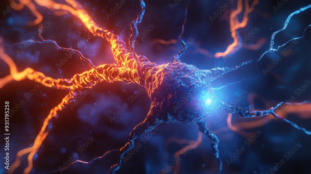 Poster a neuron actively transmitting an electrical signal using vibrant pathways to communicate with other