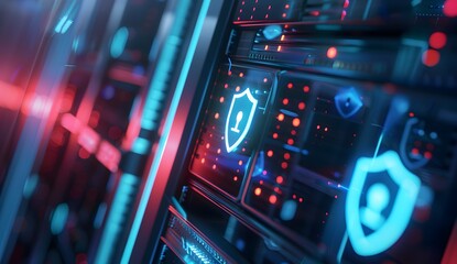 Naklejka premium A close up of digital data storage with glowing symbols representing a shield and lock, set against the backdrop of dark server cabinets in an office environment.