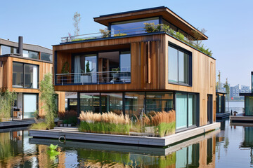 Fototapeta premium Eco-friendly homes by the tranquil water
