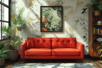 A retrostyle living room with vintage furniture, potted plants and a red sofa. 