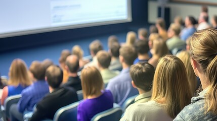 People sitting in a conference hall, attentively watching a presentation. Group focused on lecture, learning in an academic or professional environment.