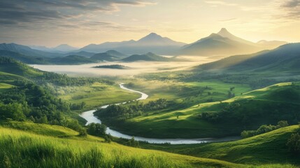 Fototapeta premium 2 Stunning landscape with a breathtaking mountain range at sunrise, lush green valley with a winding river, mist gently rising, vibrant colors, clear sky with soft clouds, pristine nature, suitable