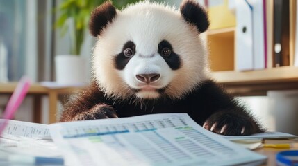 A panda sitting at a desk with spreadsheets, symbolizing the Pandas data science tool concept