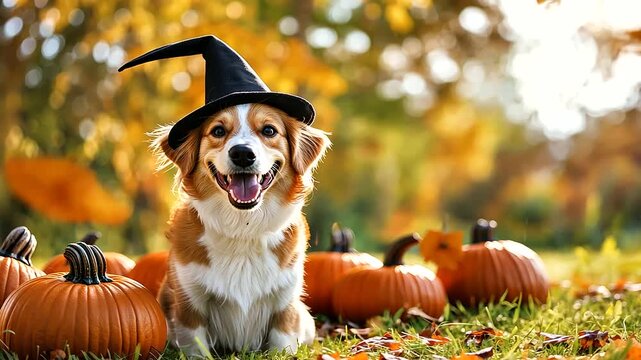 Adorable dog in a witch outfit with pumpkins on a grassy lawn.