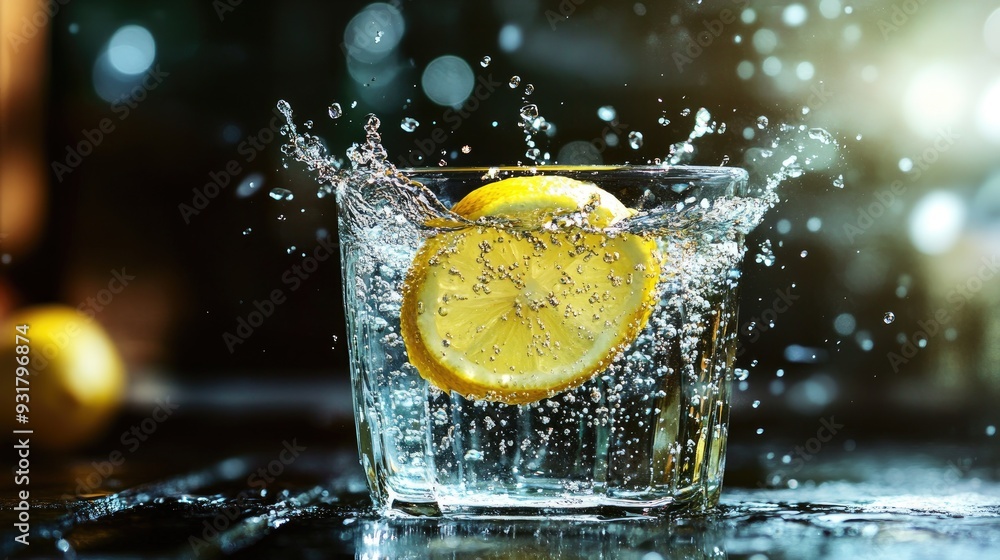Poster a dynamic image of a lemon slice dropping into a glass of water, creating a splash. the bright yello