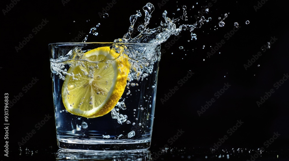Aufkleber a dynamic image of a lemon slice dropping into a glass of water, creating a splash. the bright yello