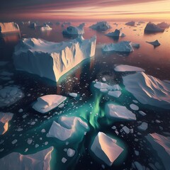 a realistic image of Atlantic ice burgs with sea water