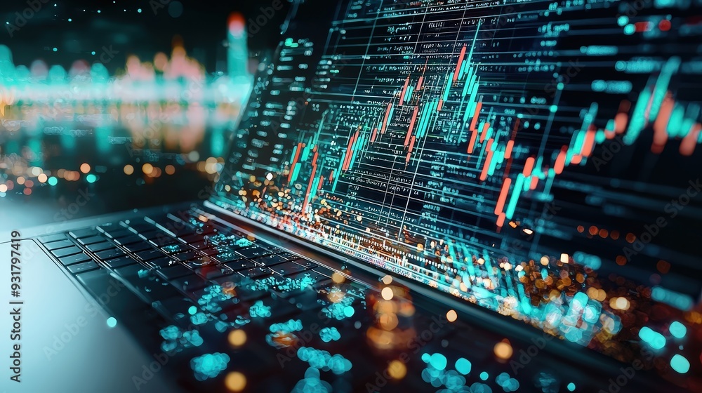 Poster a close-up of a computer screen displaying a fluctuating cryptocurrency chart
