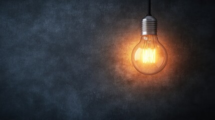 A glowing incandescent light bulb hanging against a dark gray wall, casting a warm light. The minimalistic design with ample copy space highlights the concept of ideas and innovation.