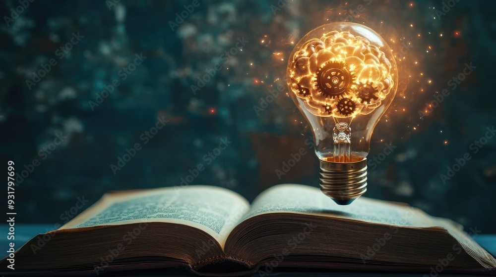 Poster a glowing light bulb with a brain and cogwheels inside, hovering above an open book. the image repre