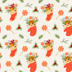 Vector seamless repeat texture with a swetts and gifts. Chrismas holiday decorations wallpaper. Mittens and stocking decorated holly branches.