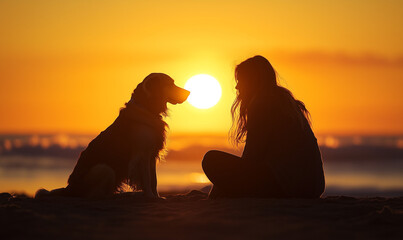 silhouette of a woman and a dog at sunset