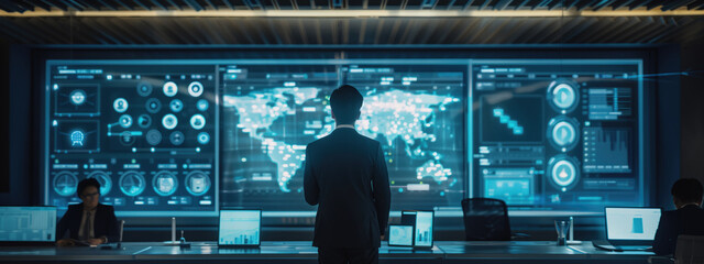 Business professional in a control room analyzing global data on multiple large digital screens. Concepts of technology, data analytics, and global operations.