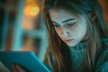 'A focused teenage girl student is holding a workbook and intently looking at a tablet, symbolizing the concept of high school education through e-learning.'
