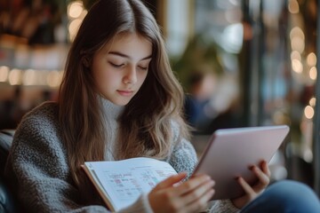 Obraz premium 'A high school student intensely focused on her tablet, holding a workbook. She exemplifies the modern approach to education through eLearning.'