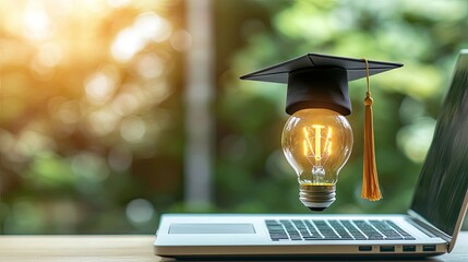 A graduation cap on a light bulb, floating above an open laptop. The scene captures the essence of modern education, combining traditional academic symbols with digital technology