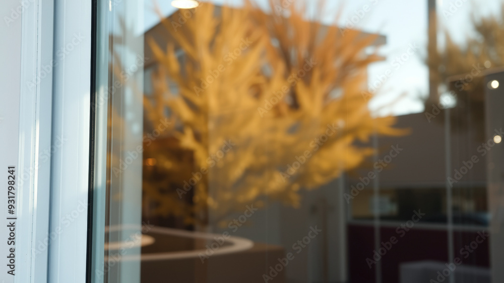 Poster blurred view through a window of a room with a light fixture and a tree