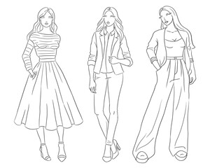 Female clothes collection. Fashion models posing. Vector line fashion illustration of beautiful young women, isolated on a white background. Fashion coloring page. Hand drawn fashion sketches.