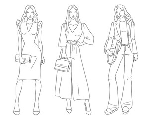 Female clothes collection. Fashion models posing. Vector line fashion illustration of beautiful young women, isolated on a white background. Fashion coloring page. Hand drawn fashion sketches.