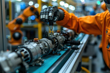 Naklejka premium 'Humanoid robots service factory machinery'