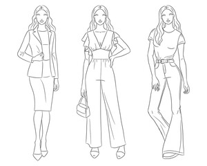 Female clothes collection. Fashion models posing. Vector line fashion illustration of beautiful young women, isolated on a white background. Fashion coloring page. Hand drawn fashion sketches.